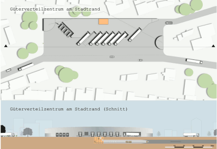 G&uuml;terverteilzentrum am Stadtrand, Grafik: Theo Sauerborn